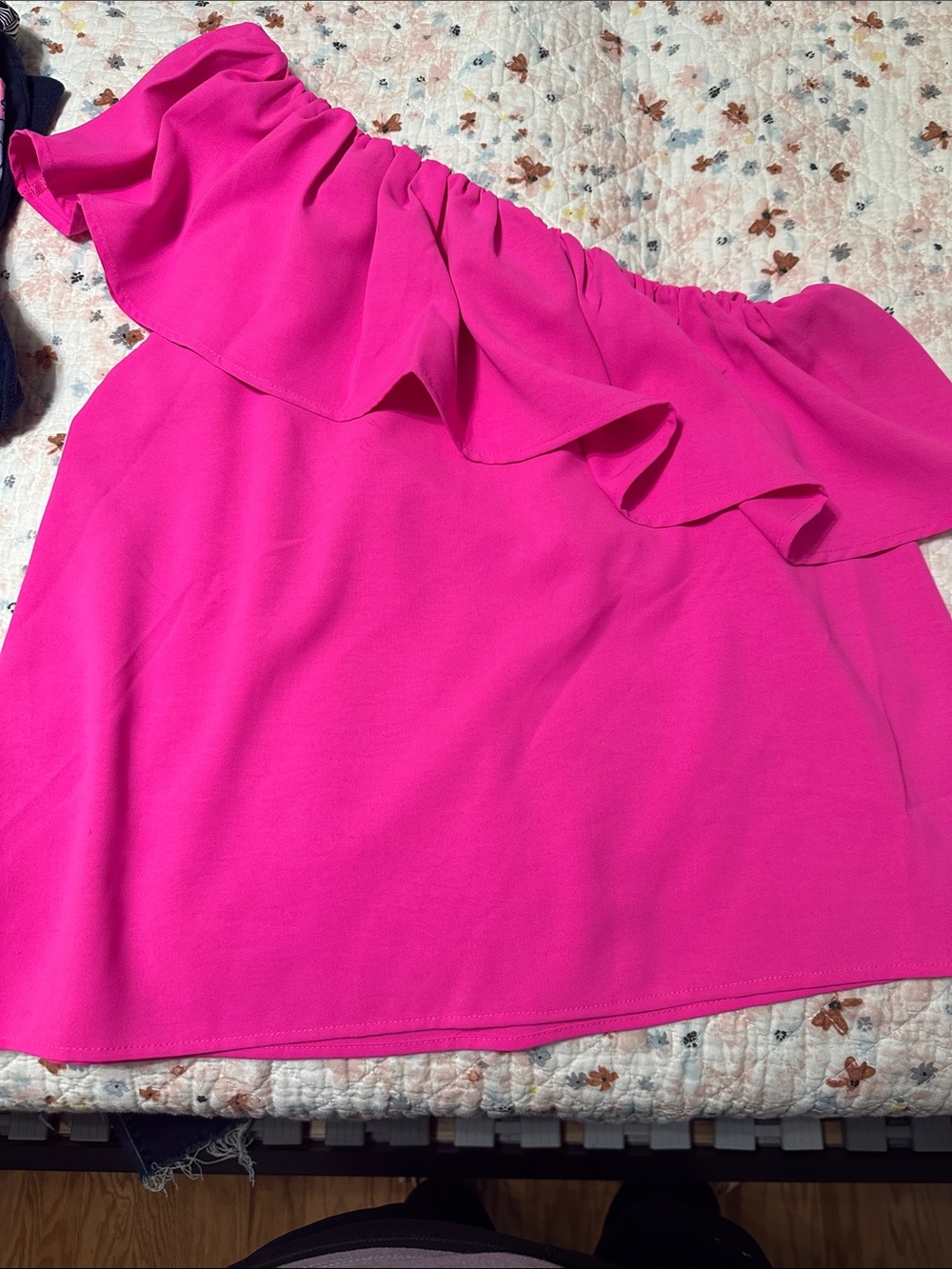 glam Hot Pink One-Shoulder Ruffle Blouse